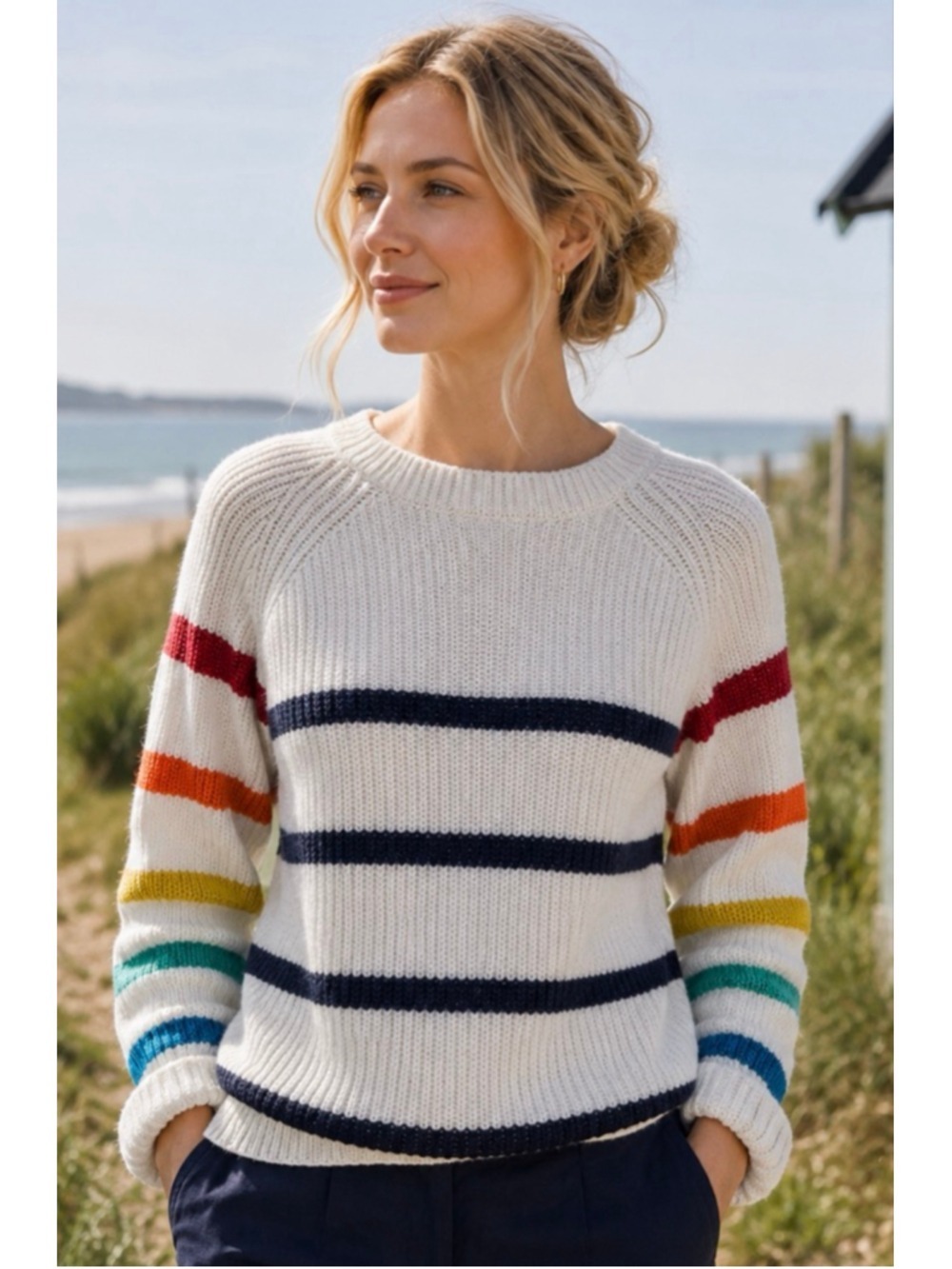 Women's Joules White Rainbow Stripe Crew Neck Sweater Size 8